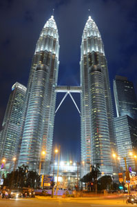 The Petronas Towers at night.